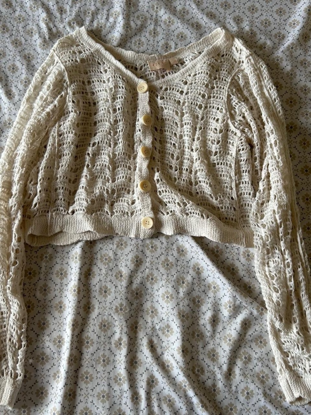 Good Luck Gem Open-Knit Cropped Button-Front Cardigan - Cream